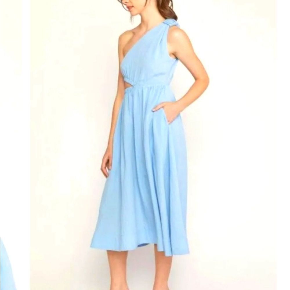ENTRO | NEW Light Blue One-Shoulder Cutout Midi Dress Women’s Size Medium